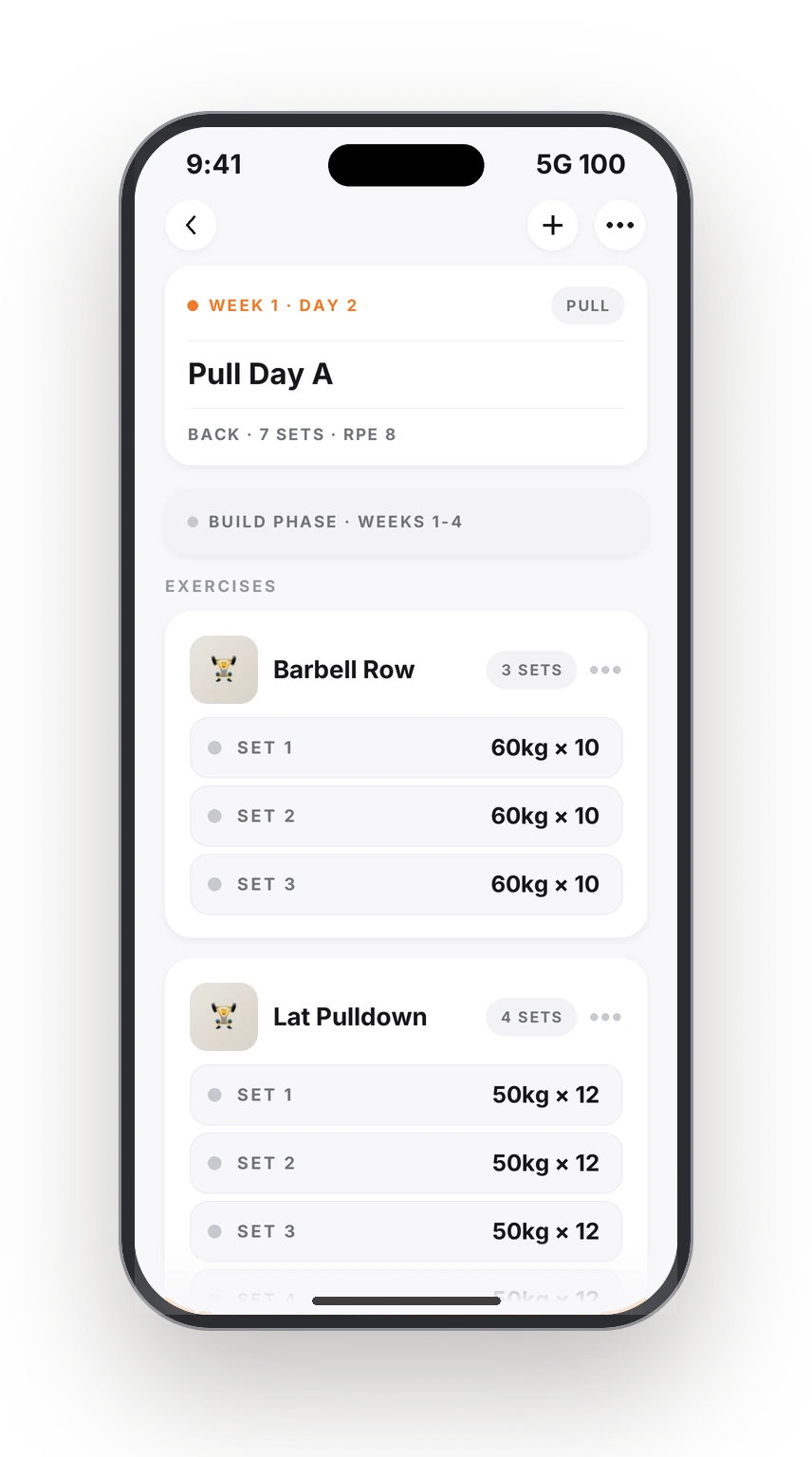 Planned pull session, week 1: Barbell Row at 3 sets of 60 kg
