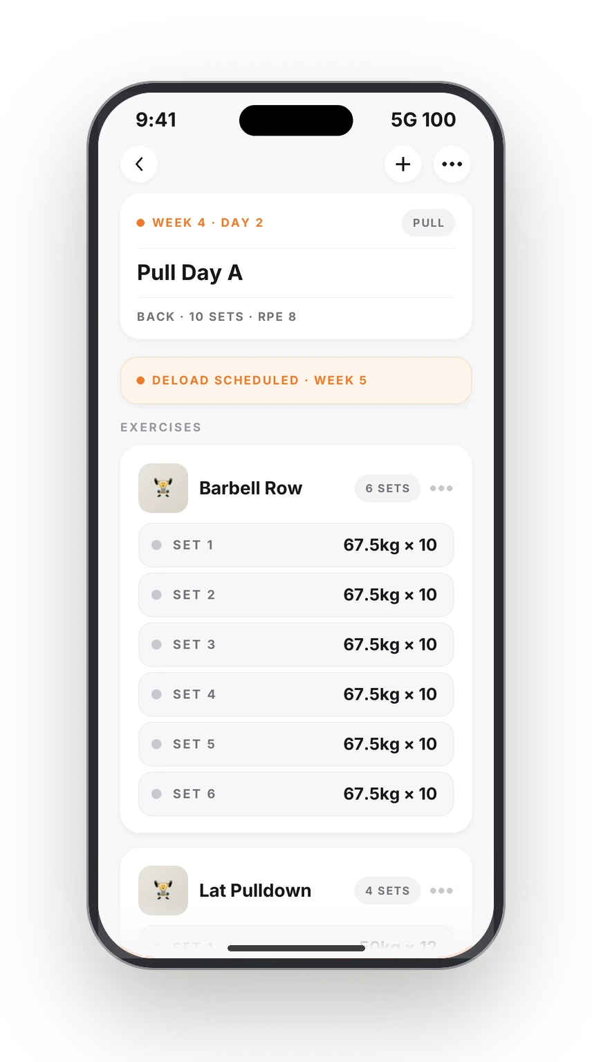 The same session in week 4: Barbell Row at 6 sets of 67.5 kg, with a deload scheduled